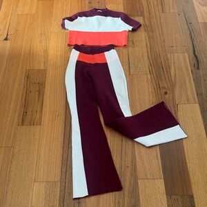 Stylish Burgundy and White Women's Pants and Crop Top Set